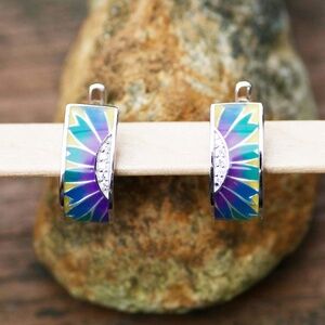 Enamel Flower Earrings Handcrafted in Sterling Silver 925 , Small Hoops